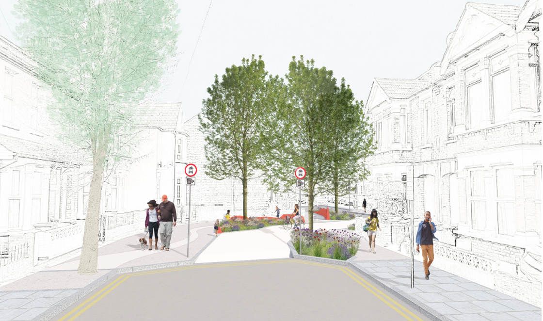 A drawing showing the proposed Keogh Road modal filter from the perspective of somebody walking up to it. The image shows the street narrowing, and greenery surrounding the narrowed street, including gardens and trees between the street and the pavements. There are two signs at the entrance of the street-narrowing indicating no motor vehicle access, and that the street is camera-enforced. There are pedestrians and cyclists using the street and pavements.