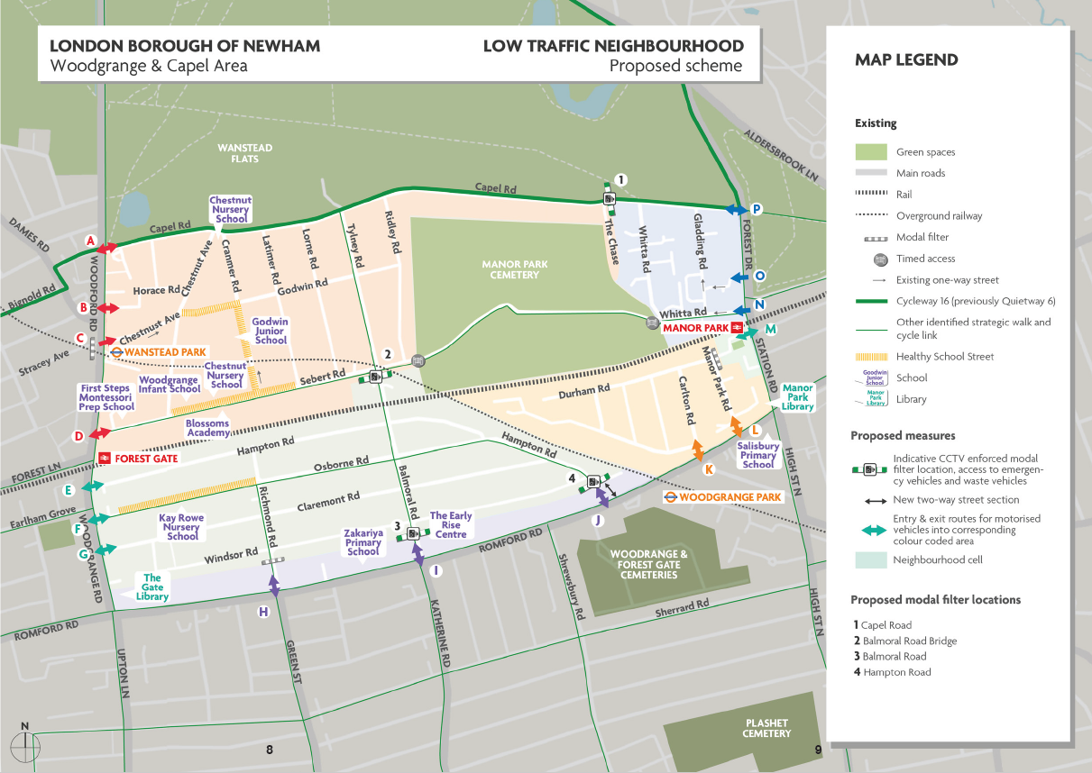 Map of Woodgrange and Capel Low Traffic Neighbourhood proposed scheme. The map shows four new proposed modal filters. 1) at Capel Road (near the Golden Fleece Pub); 2) at Balmoral Road (on the bridge); 3) at Balmoral Road (near Romford Road); and 4) on Hampton Road (near Romford Road) 