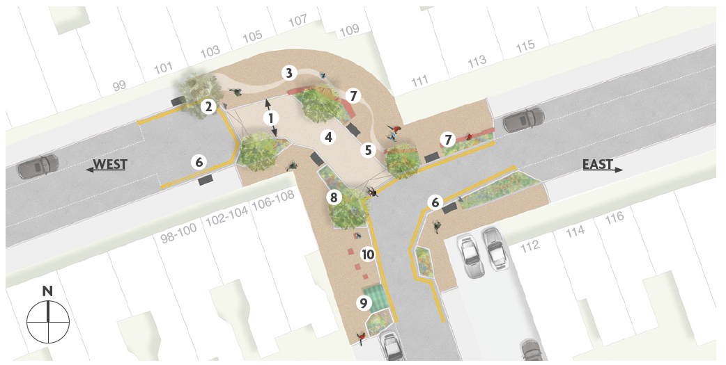 Top-down view drawing of the proposed design for the Keogh Road modal filter. The drawing shows features of the modal filter, and numbers 1-10, which are explained in the text below.