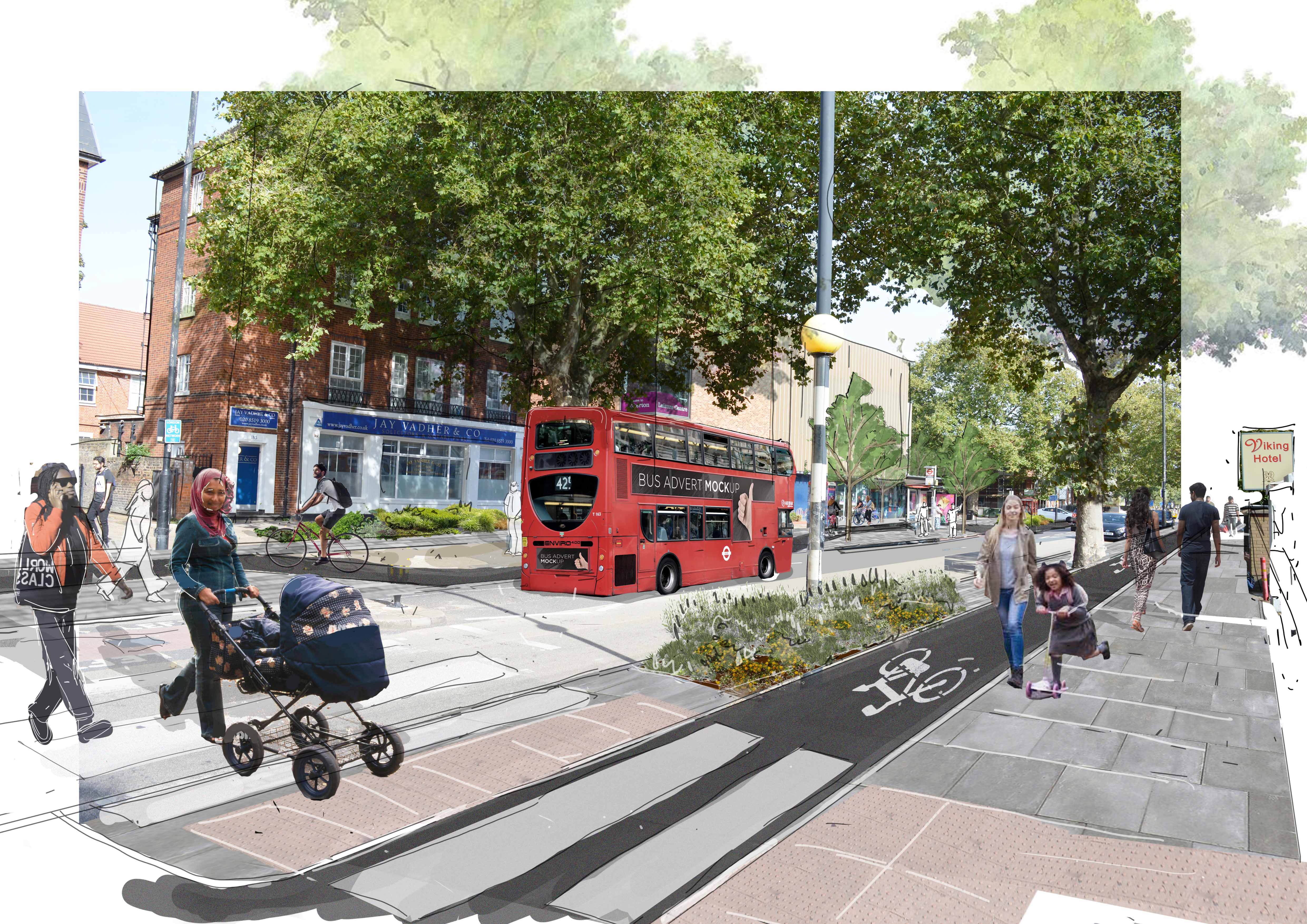 Visualisation of Romford Road, looking east towards Atherton Leisure Centre