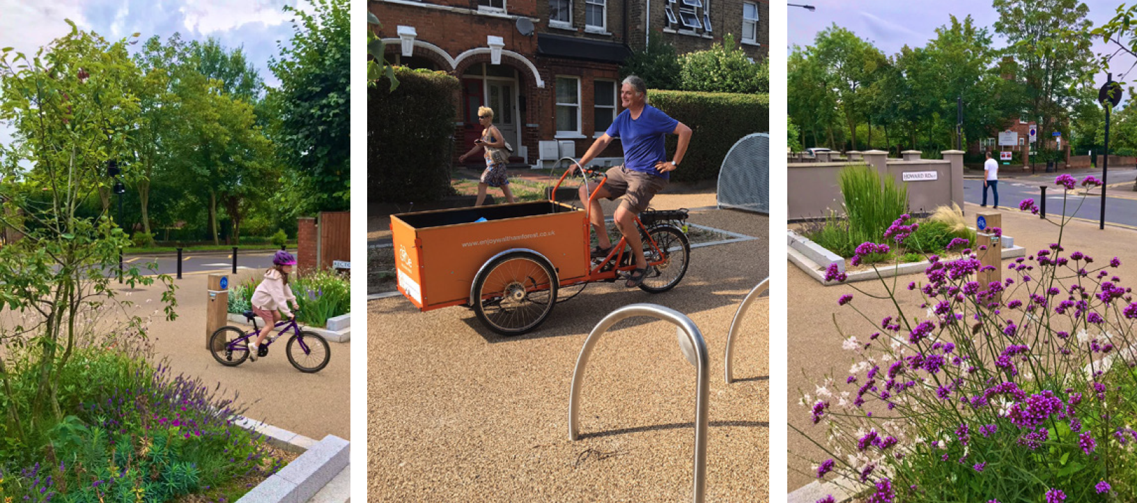 Three images of permanent modal filters in Waltham Forest, showing high-quality public spaces including landscaping, flower beds, cyclists and cycle parking.