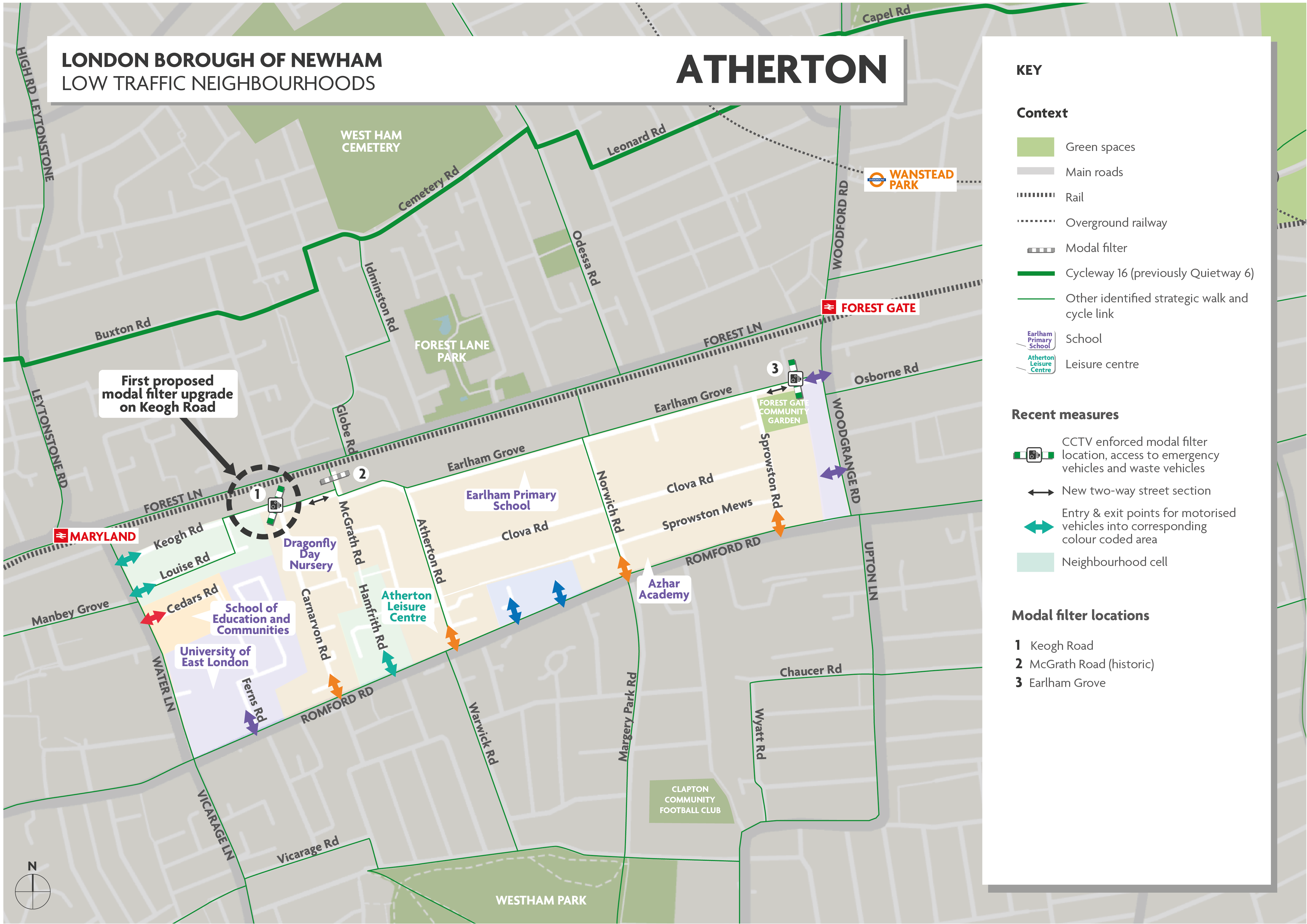 Atherton Low Traffic Neighbourhood map. This map shows the location of the Keogh Road modal filter.