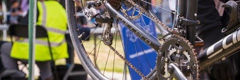 Bicycle in a mechanic's repair stand