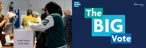 Person voting at a ballot box; text reads 'The BIG Vote – People Powered Places, Newham London