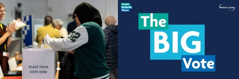 Person voting at a ballot box; text reads 'The BIG Vote – People Powered Places, Newham London