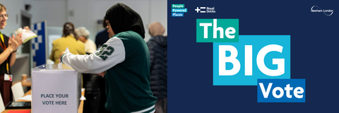 Person voting at a ballot box; text reads 'The BIG Vote – People Powered Places, Newham London