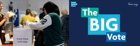 Person voting at a ballot box; text reads 'The BIG Vote – People Powered Places, Newham London