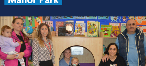 A group of people, including adults and children, are standing and sitting in a room with colorful children's books displayed on the wall behind them. The text "People Powered Manor Park" is prominently displayed at the top of the image. The logo for Newham London is also visible in the upper right corner.
