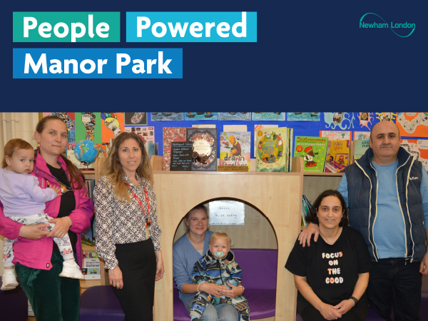 A group of people, including adults and children, are standing and sitting in a room with colorful children's books displayed on the wall behind them. The text "People Powered Manor Park" is prominently displayed at the top of the image. The logo for Newham London is also visible in the upper right corner.