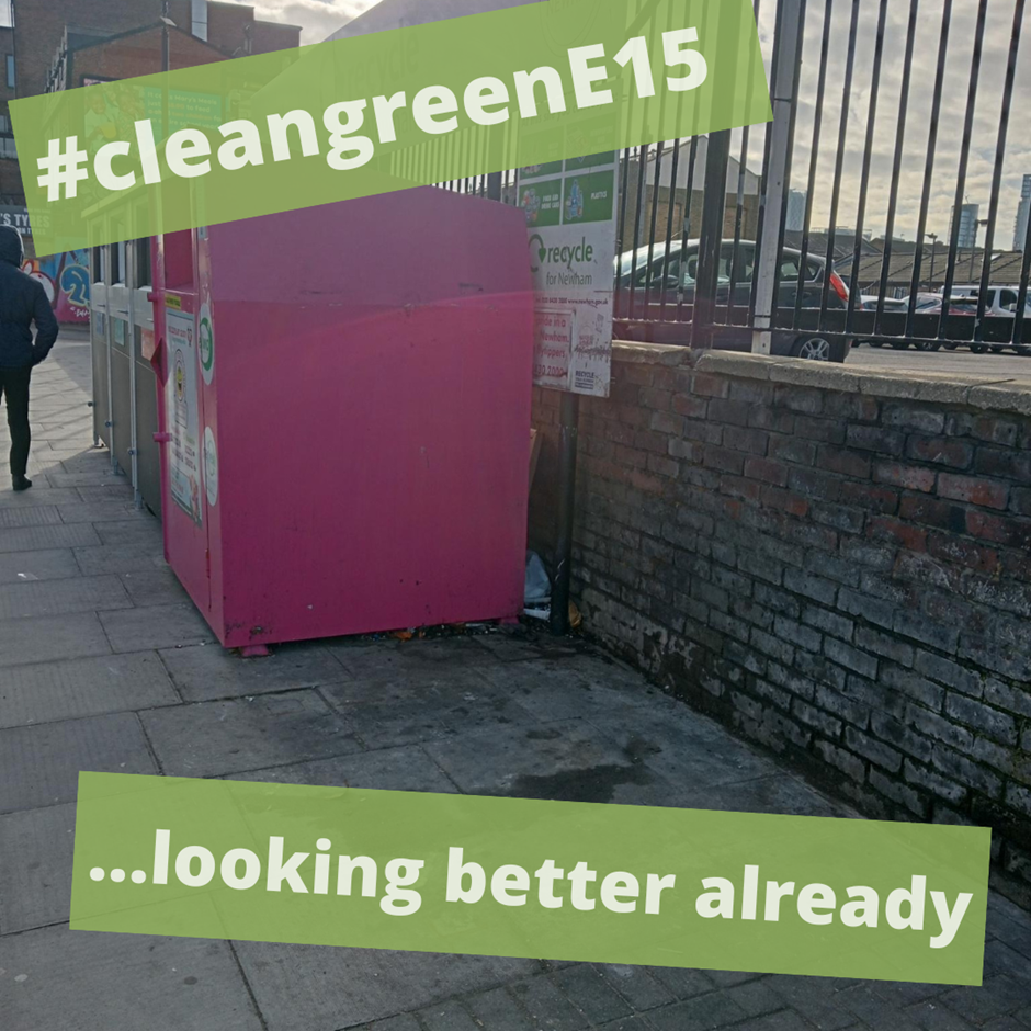 January 2023-  one the pink clothing recycling bins has been moved by LBN to make room for the planters...