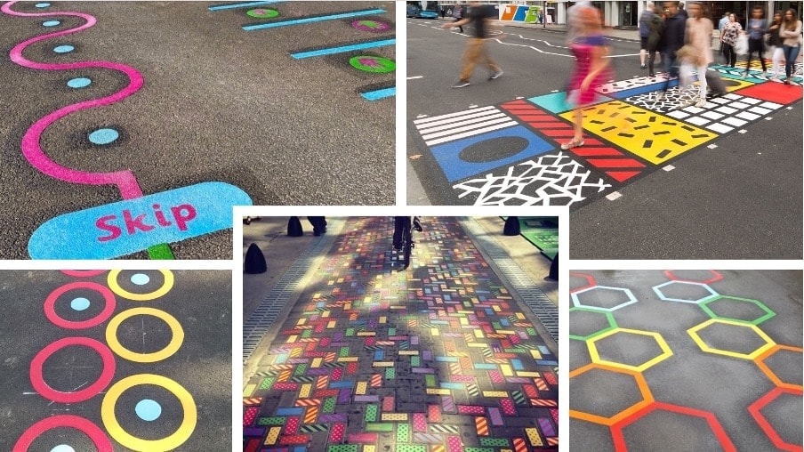 5 images of colourful road or pavement markings
