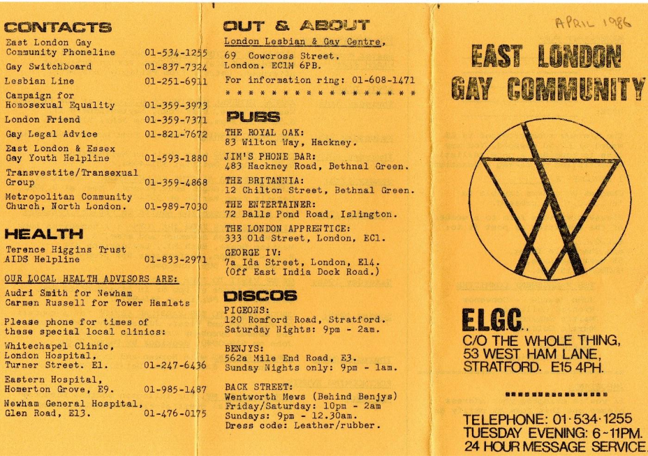 East London Gay Community newsletter, April 1986 